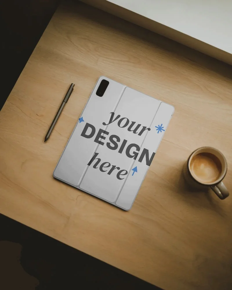 sleek durable tab cover mockup on wooden surface with stylus and coffee cup accessories
