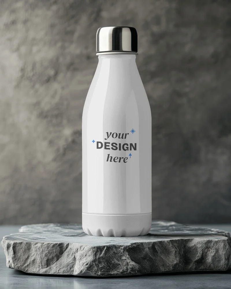 stylish metal hydration bottle mockup with exotic nature inspired label and leakproof cap
