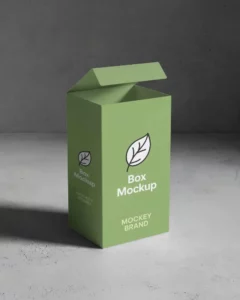 tall box mockup with open lid against dark concrete background straight perspective

