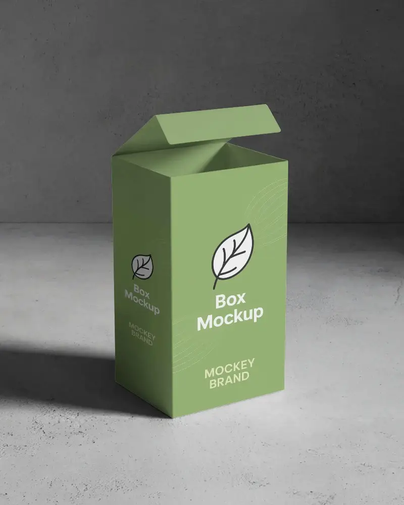 tall box mockup with open lid against dark concrete background straight perspective
