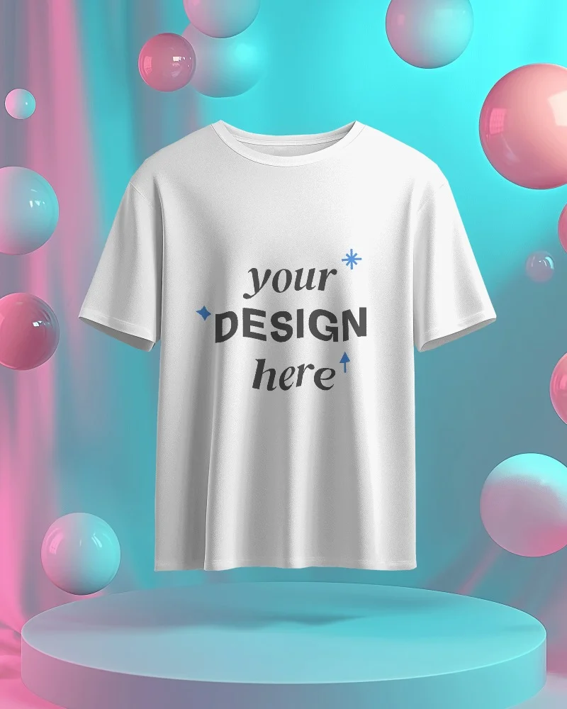 vibrant colorful background t shirt mockup front view of light white t shirt with round neck 3d suspension and soft lighting
