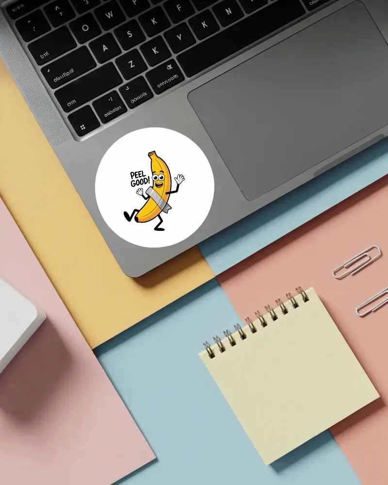blank circle sticker mockup on modern laptop with office supplies on colorful background