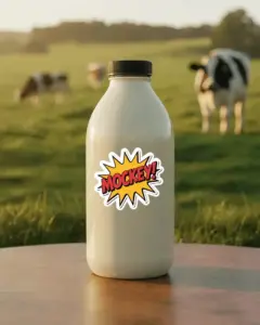 eco friendly milk bottle sticke mockup for dairy product label design outdoor countryside setting
