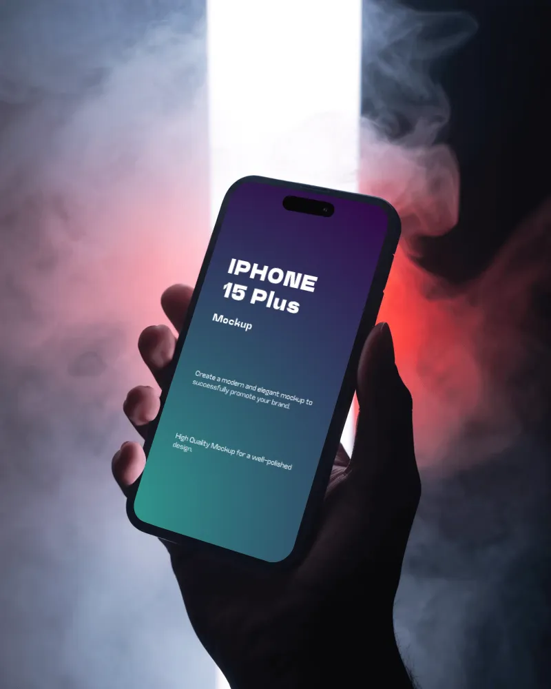 hand holding iphone 15 plus mockup
