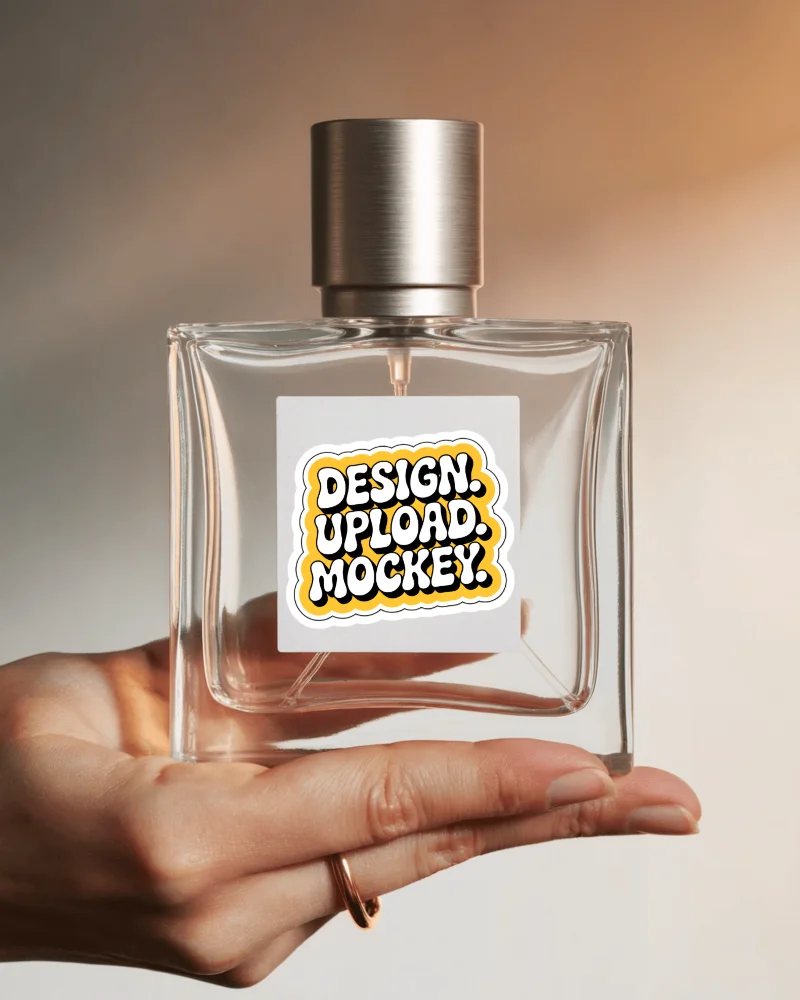 luxury perfume label mockup on minimal bottle with metal spray cap and evening tone backdrop
