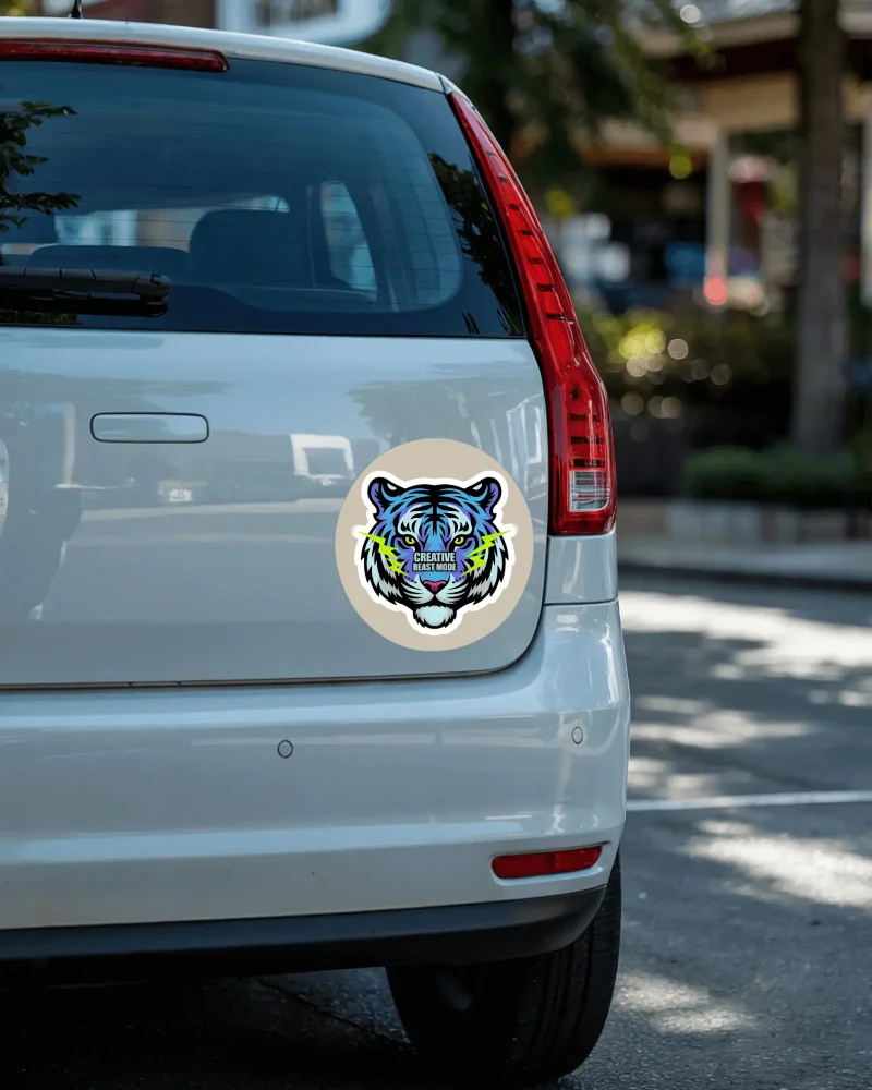 rear view car bumper sticker mockup on white vehicle in daylight street scene
