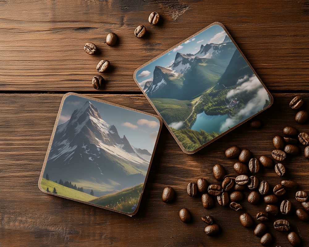 square coaster with coffee beans on wooden surface