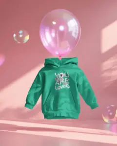 cozy fleece hoodie mockup for kids floating on pink background with balloon head