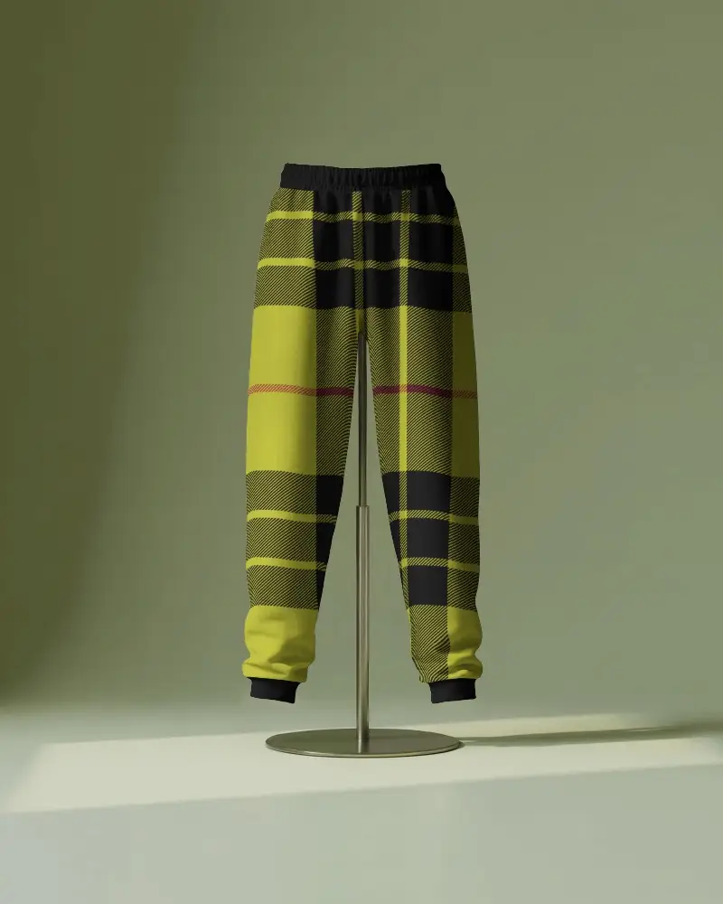 elevated sweatpants mockup on stand soft green backdrop with minimal studio lighting