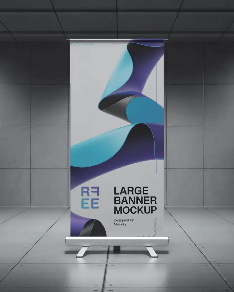 futuristic interior banner mockup white roll up display in metallic wall room with grid tile floor