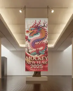 gallery banner mockup hanging from ceiling with spotlights in modern exhibition hall