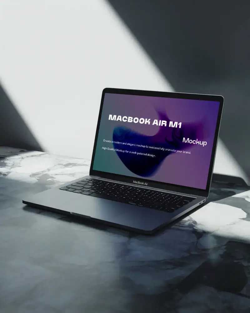 macbook air m1 mockup on dark marble surface with angular light streaks and soft shadows sophisticated and modern minimal style