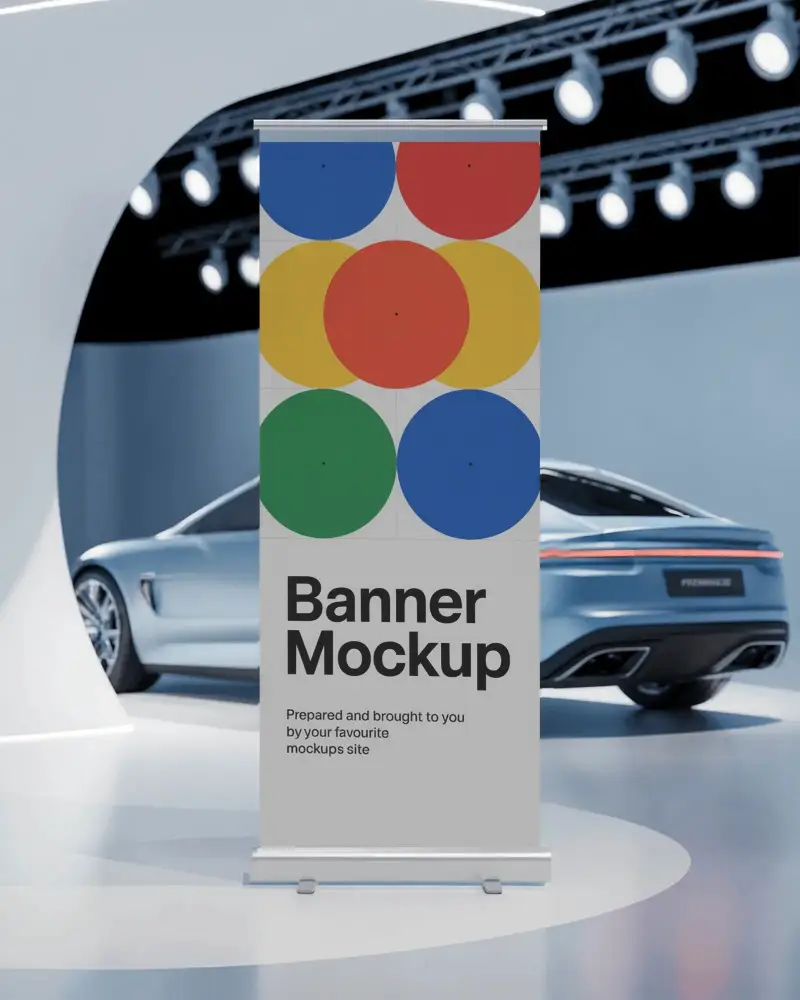 modern car show banner mockup in high tech lighting exhibit with sleek silver performance vehicle