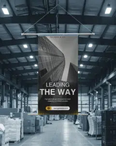 modern factory banner mockup hanging display banner in blue toned industrial storage space