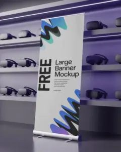 tech showcase banner mockup clean white banner in futuristic retail space lined with vr devices