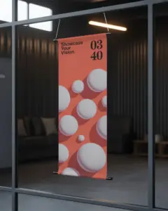 vertical hanging banner mockup on glass wall for modern commercial advertising showcase