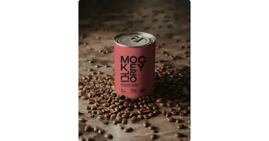 a can sits on a surface scattered with coffee beans
