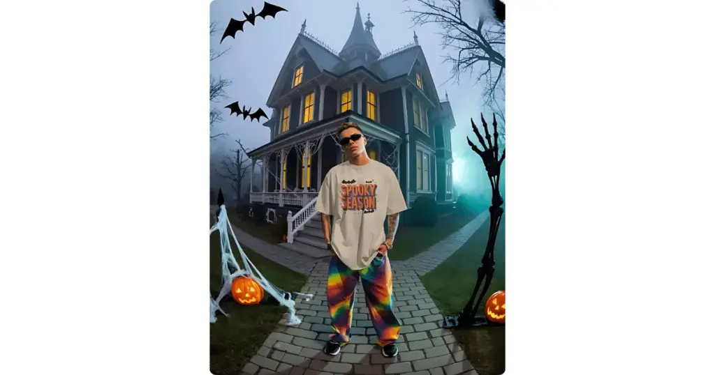 a man stands wearing an oversized t-shirt in front of a haunted victorian-style house