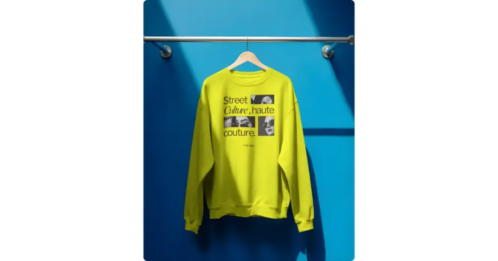 a sweatshirt hangs on a wooden hanger