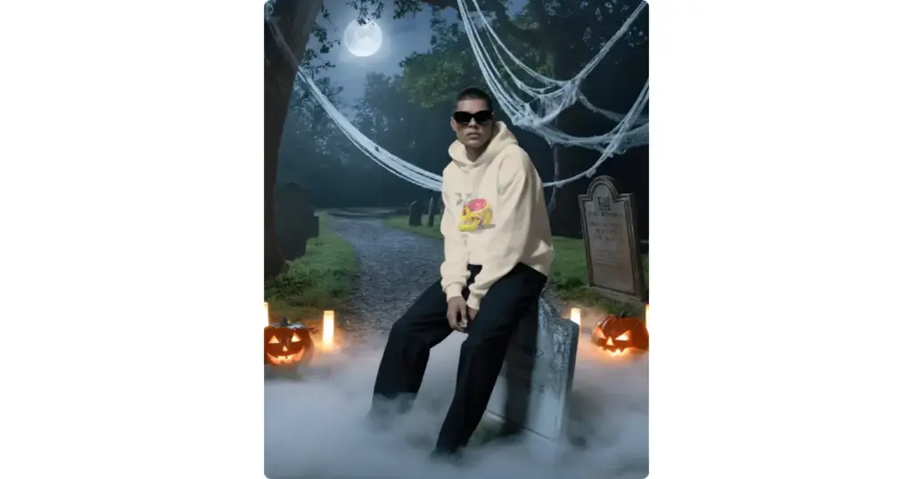 the man in a hoodie sitting on a gravestone