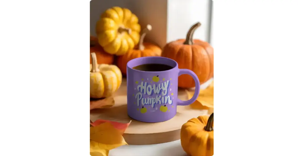 a coffee mug with pumpkins and autumn leaves