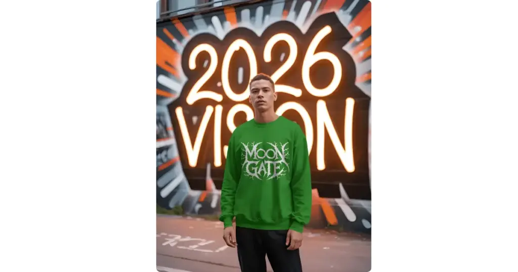 a model wears a green sweatshirt standing against a new year’s theme wall