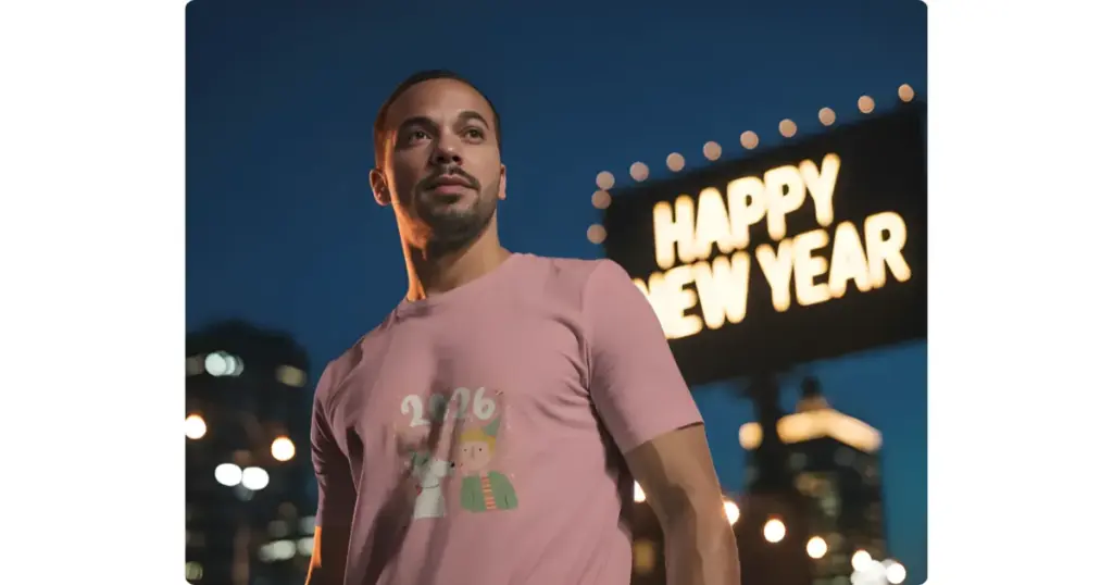 a model wears a light pink t-shirt with a 2026 design