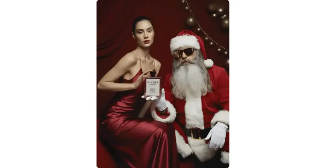 a perfume bottle held by santa