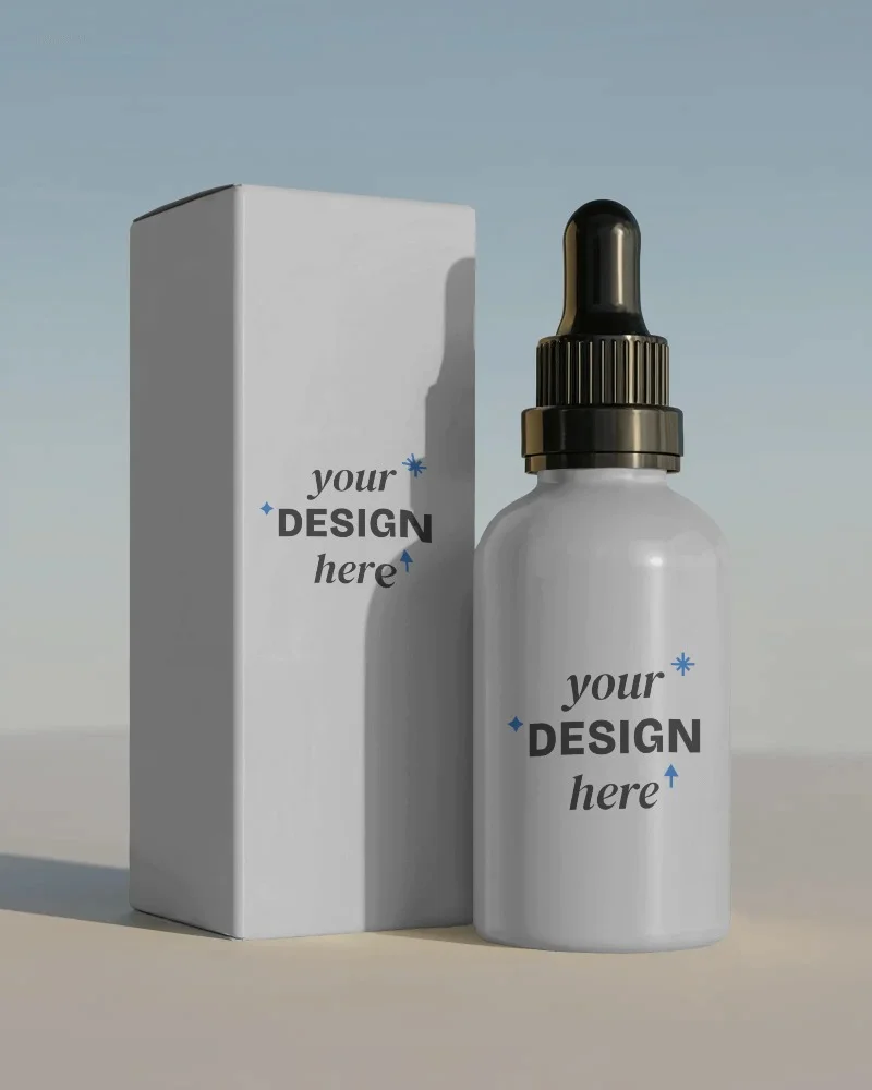 elegant dropper bottle and box mockup for pharmaceutical and skincare product branding