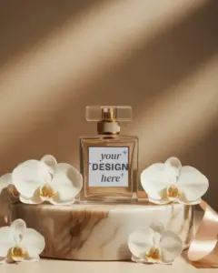 luxury perfume bottle mockup with white orchids on marble podium soft golden studio lighting