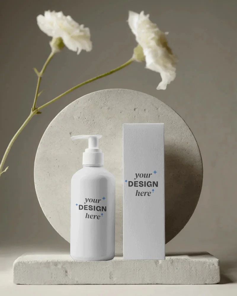 skincare lotion bottle with pump mockup and packaging box mockup on natural stone display