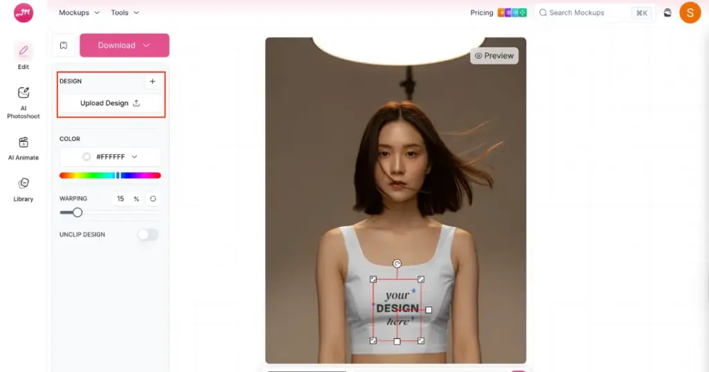 upload design for crop top in mockey ai