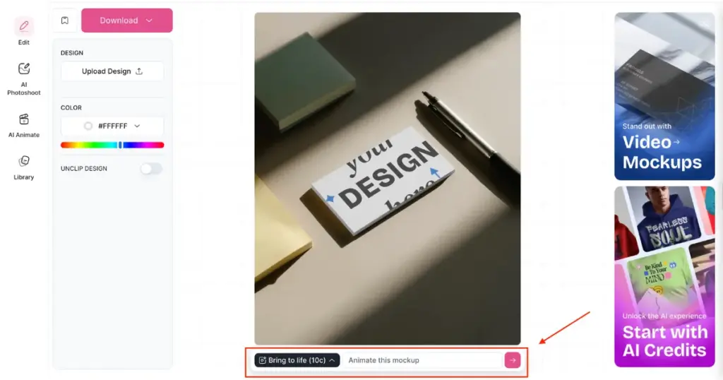 use bring to life feature to generate mockup animation from prompt