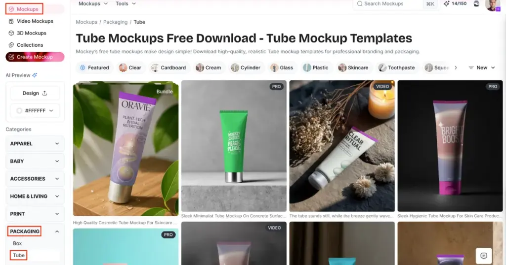 click tube in packaging section in mockups