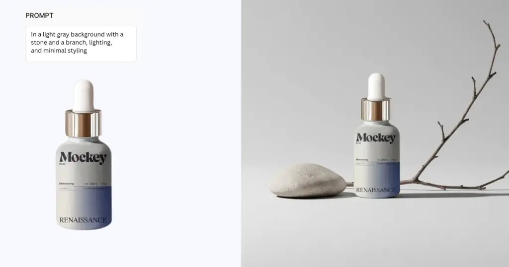 in a light gray background with a stone and a branch, lighting, and minimal styling prompt for ai product photo