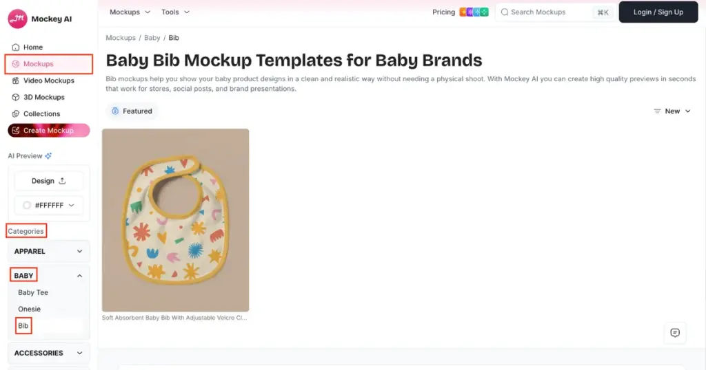 look for bib in baby section after clicking mockups