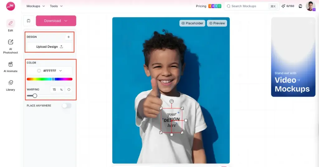 upload design and edit to the baby clothing template
