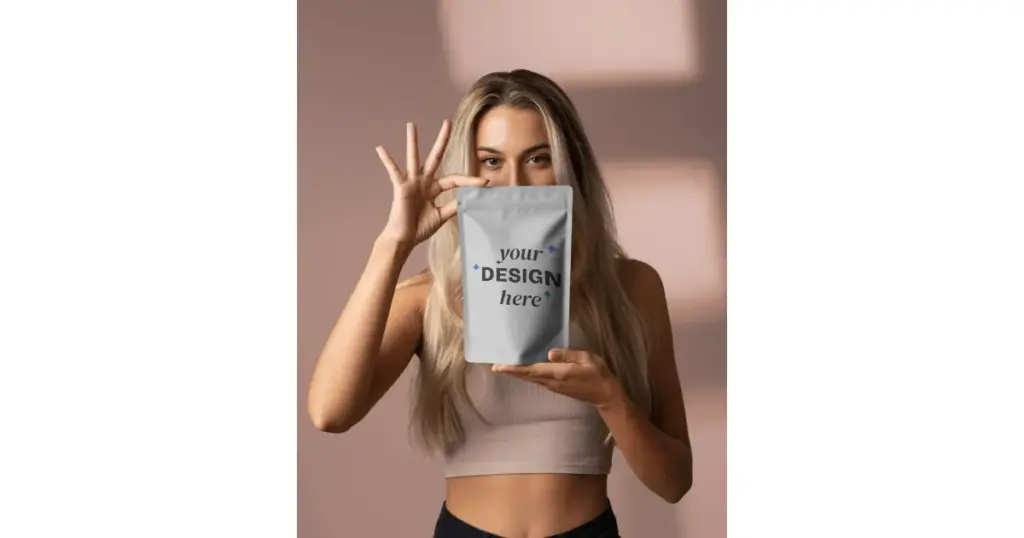 woman holding stand-up pouch mockup for product packaging