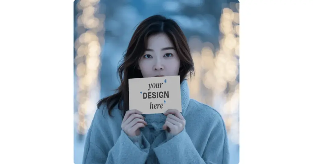 young woman standing outdoors in winter holding a happy birthday invitation card