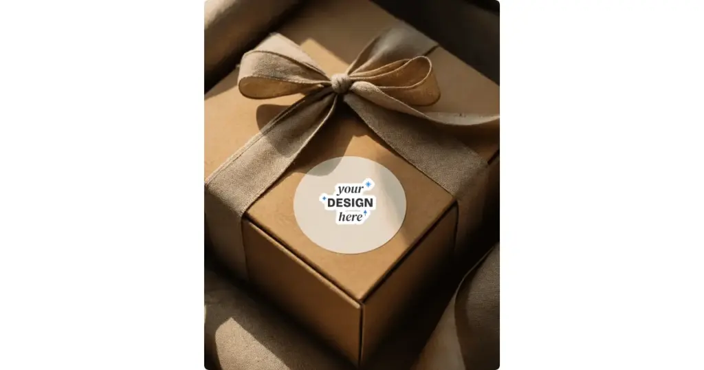 a round sticker placed on a gift box tied with a ribbon