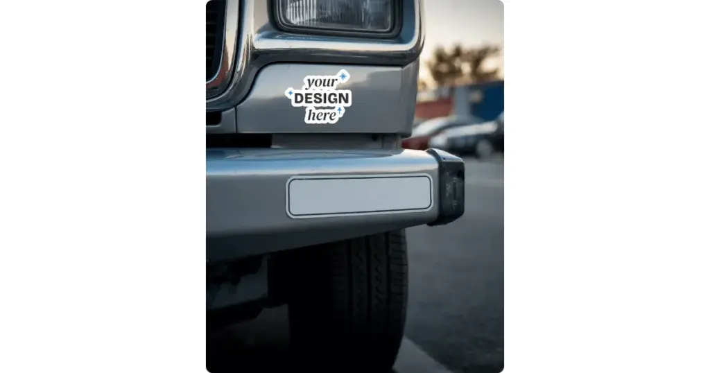 a sticker is placed on the front bumper of a car on the street