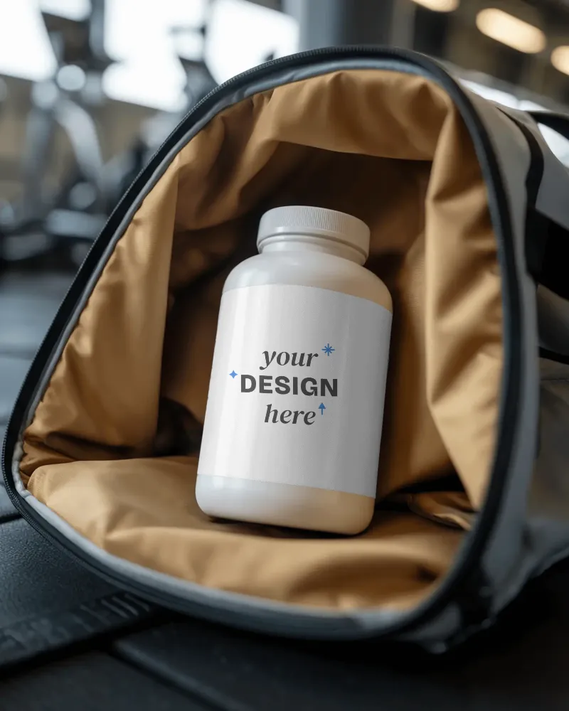 blank bottle mockup placed inside sport bag for nutritional packaging