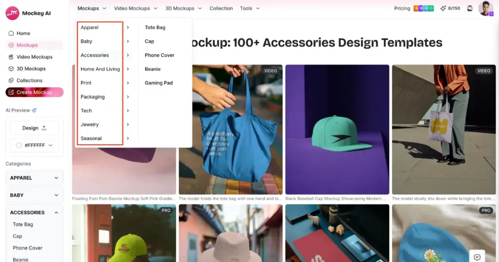 different product categories to use in mockey ai