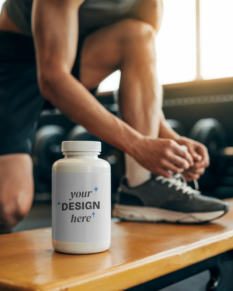 fitness supplement bottle mockup on wooden bench in gym setting