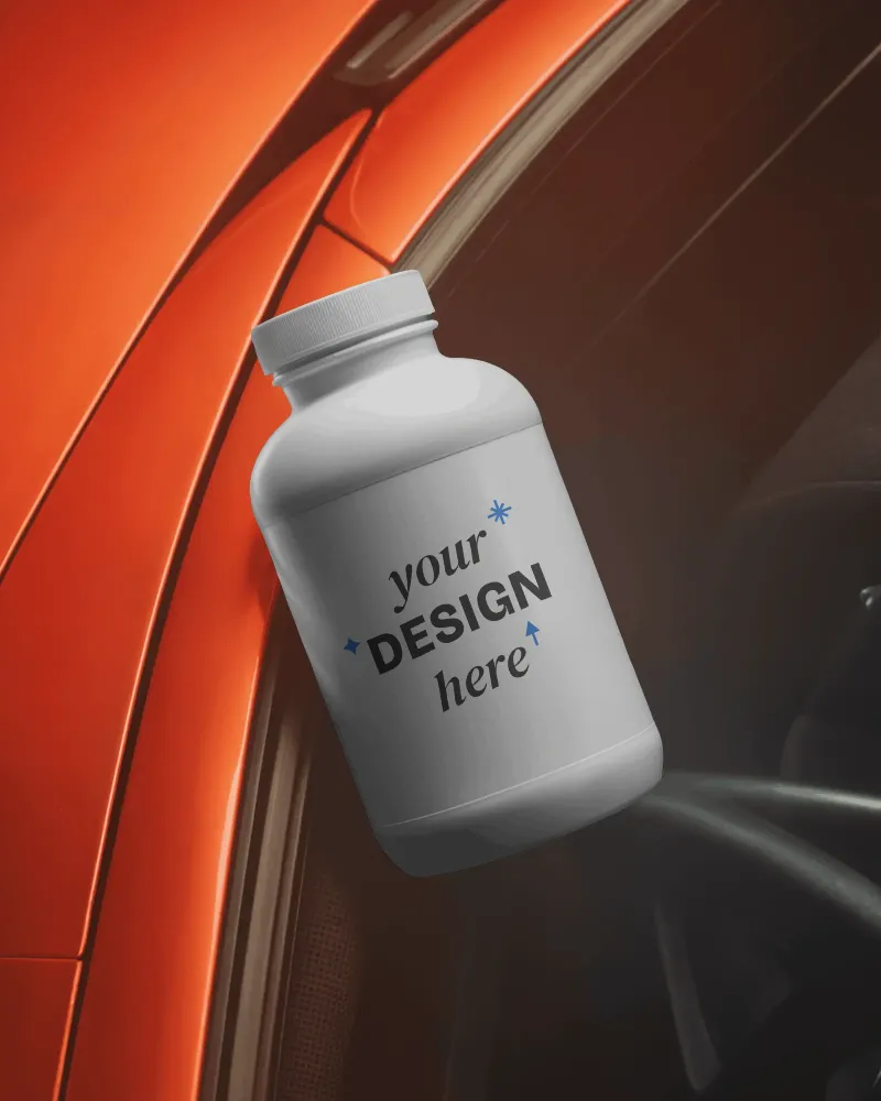 premium protein supplement container floating against modern vehicle