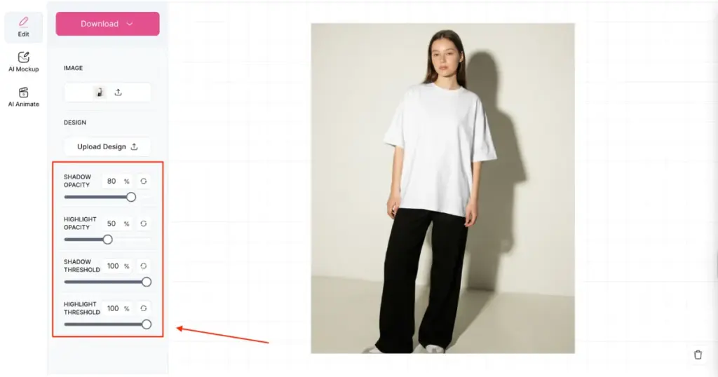 shadow and highlight control for custom mockup customization