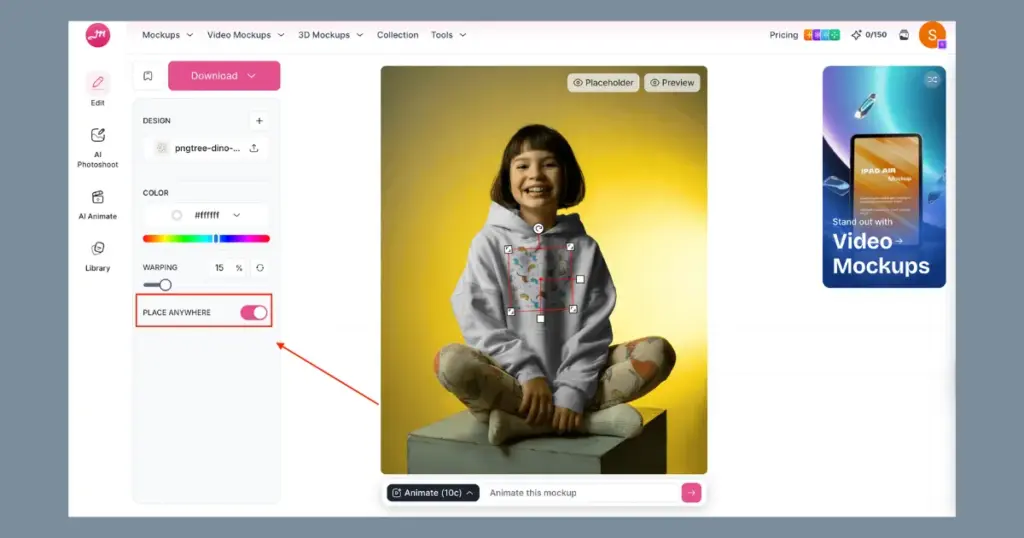 use place anywhere feature for all over print