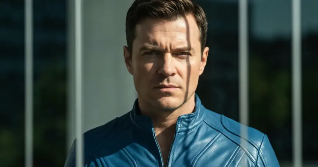a man wearing a futuristic blue leather jumpsuit in a cinematic style