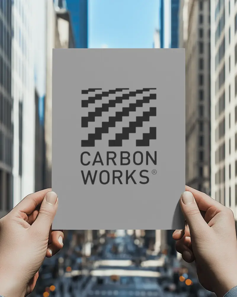 blank square sheet held by two hands cityscape background for corporate branding flyer logo mockup