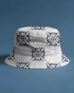 bucket hat mockup on blue background minimalist studio setup clean modern fashion presentation